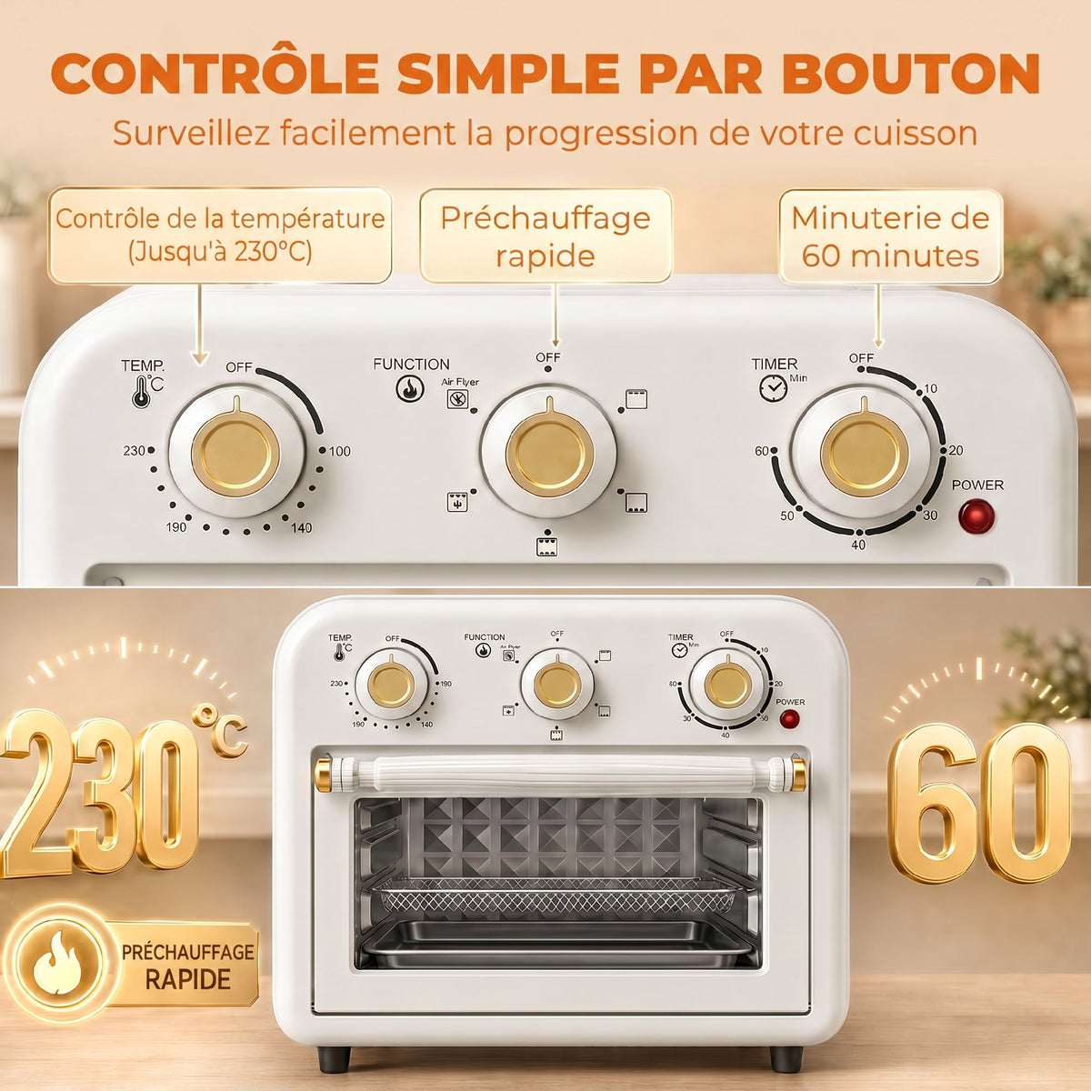 Four Friteuse à Air Chaud 12L, Four à Air Chaud Convection 1200 W avec Plaque de Cuisson, Panier de Friture, Crème
