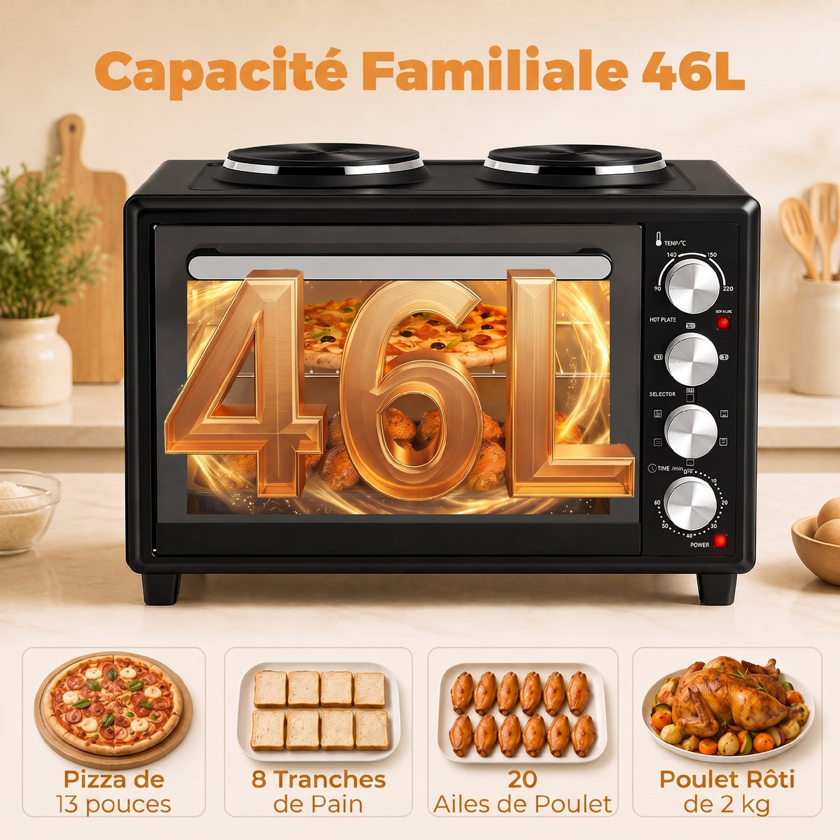 Mini-Four avec 2 Plaques de Cuisson et Broche Rotative 46L 2850 W, Four à Convection Multifonction, Minuterie, Noir