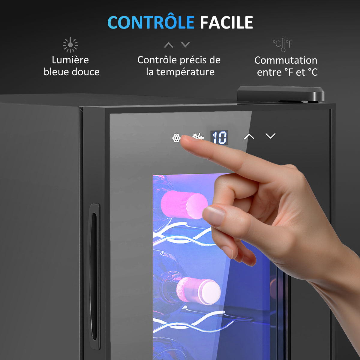 Cave à vin 6 bouteilles 17L haute performance température réglable 8-18° avec lumière LED panneau contrôle tactile noir
