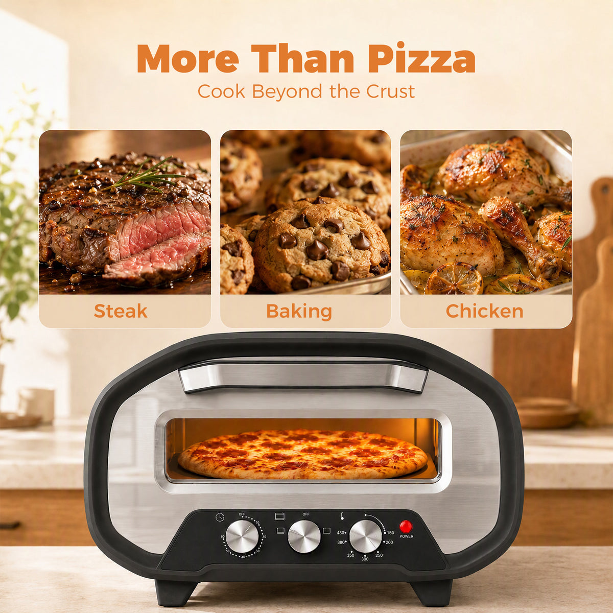 Four à Pizza Électrique d'Intérieur 2200 W jusqu'à 430°C, Pierre en Céramique Ø30,5 cm, Minuteur 60 min, Noir