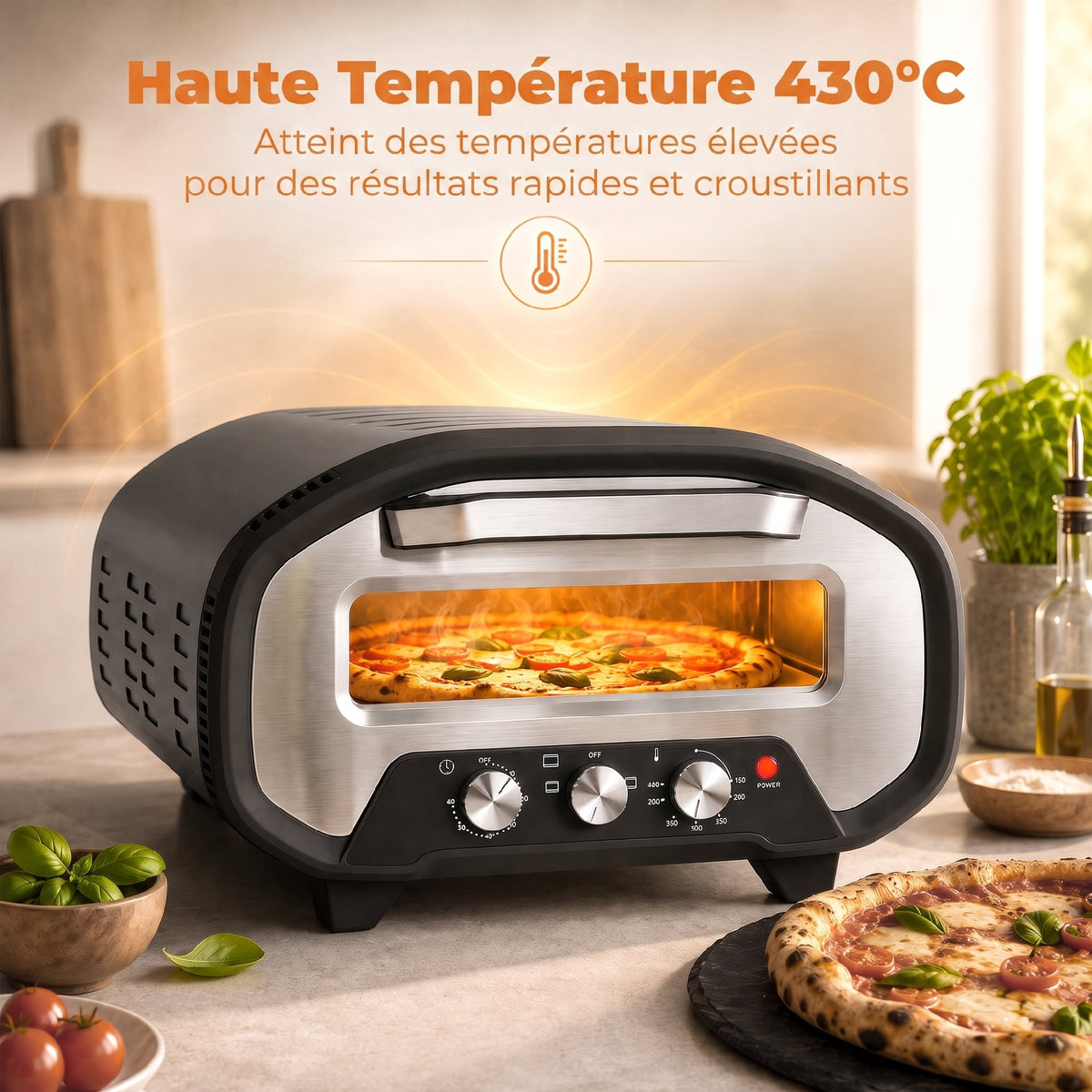 Four à Pizza Électrique d'Intérieur 2200 W jusqu'à 430°C, Pierre en Céramique Ø30,5 cm, Minuteur 60 min, Noir