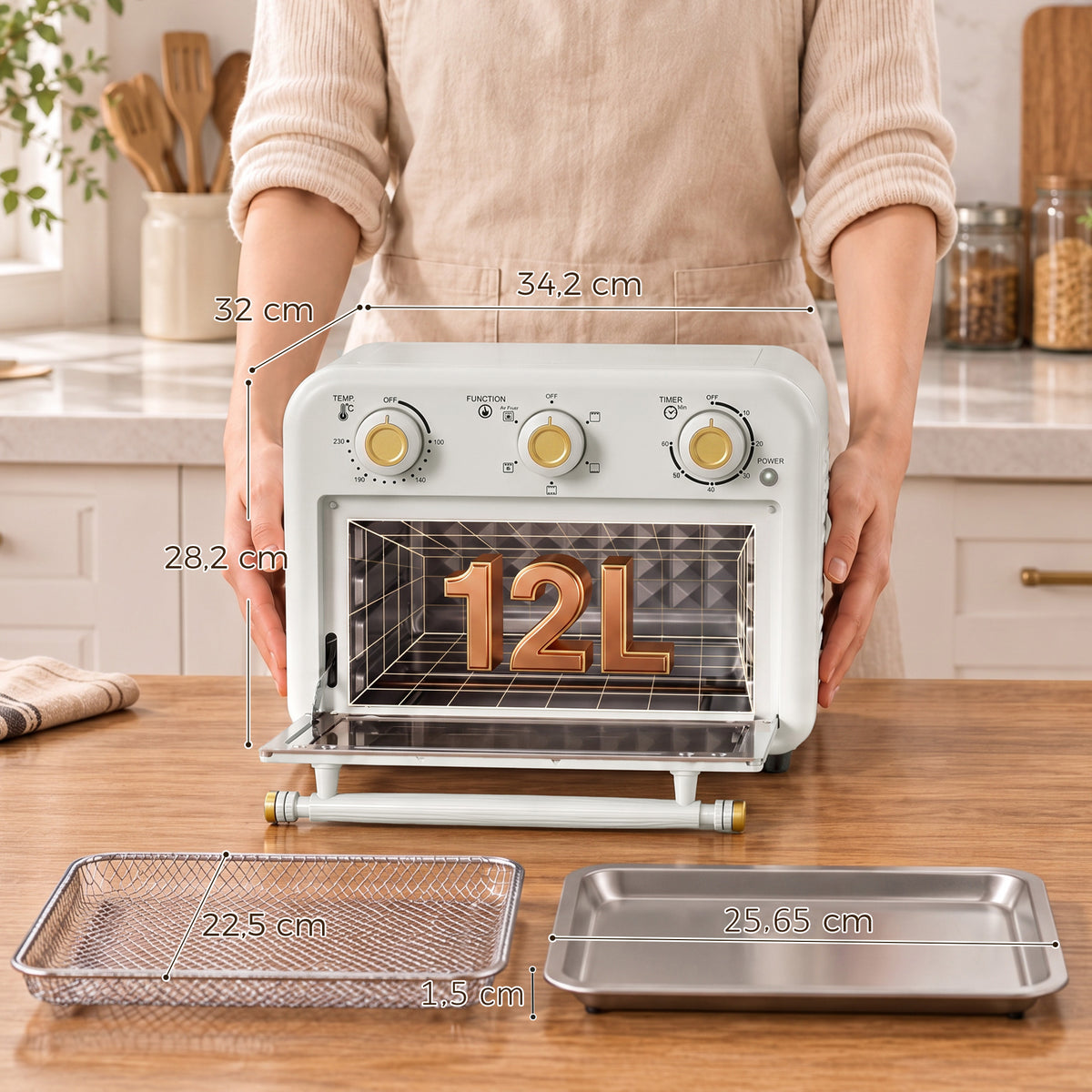Four Friteuse à Air Chaud 12L, Four à Air Chaud Convection 1200 W avec Plaque de Cuisson, Panier de Friture, Crème