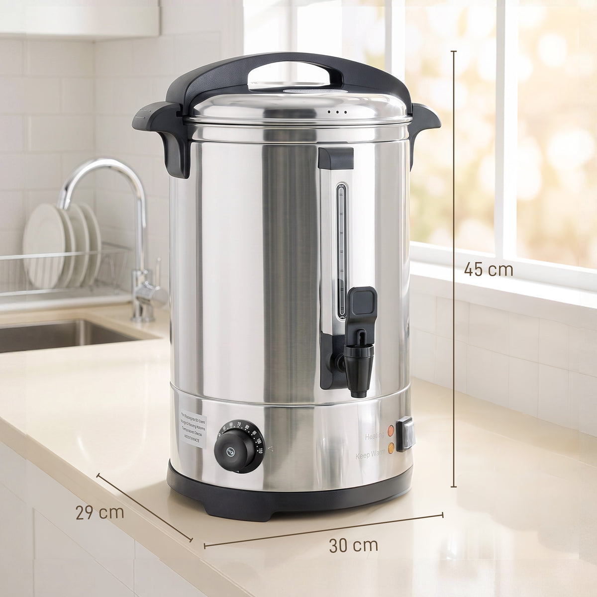 Distributeur d'Eau Chaude en Inox 8L 1500 W, 9 Niveaux de Température 30-110 °C, Maintien au Chaud, Robinet, Argenté