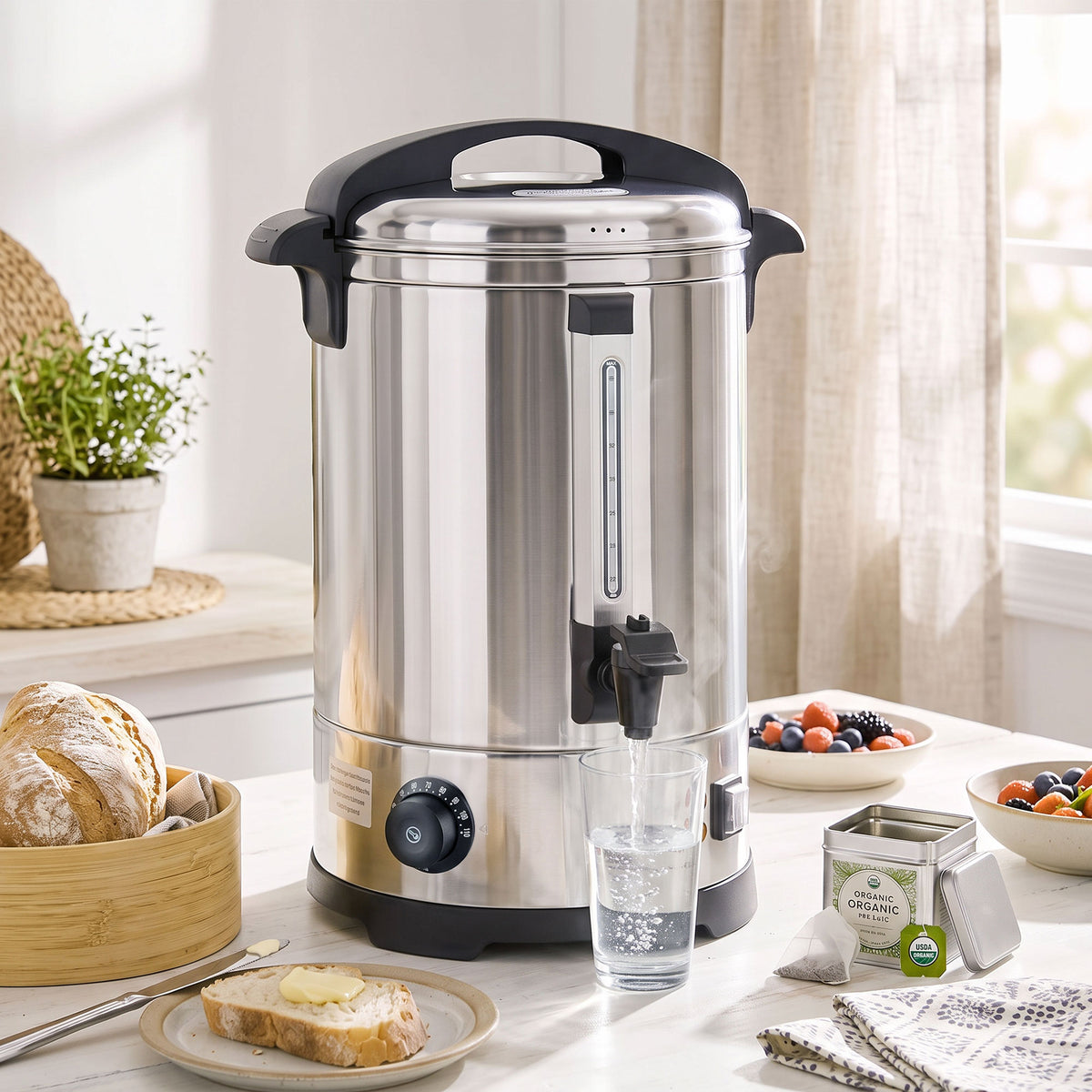 Distributeur d'Eau Chaude en Inox 8L 1500 W, 9 Niveaux de Température 30-110 °C, Maintien au Chaud, Robinet, Argenté