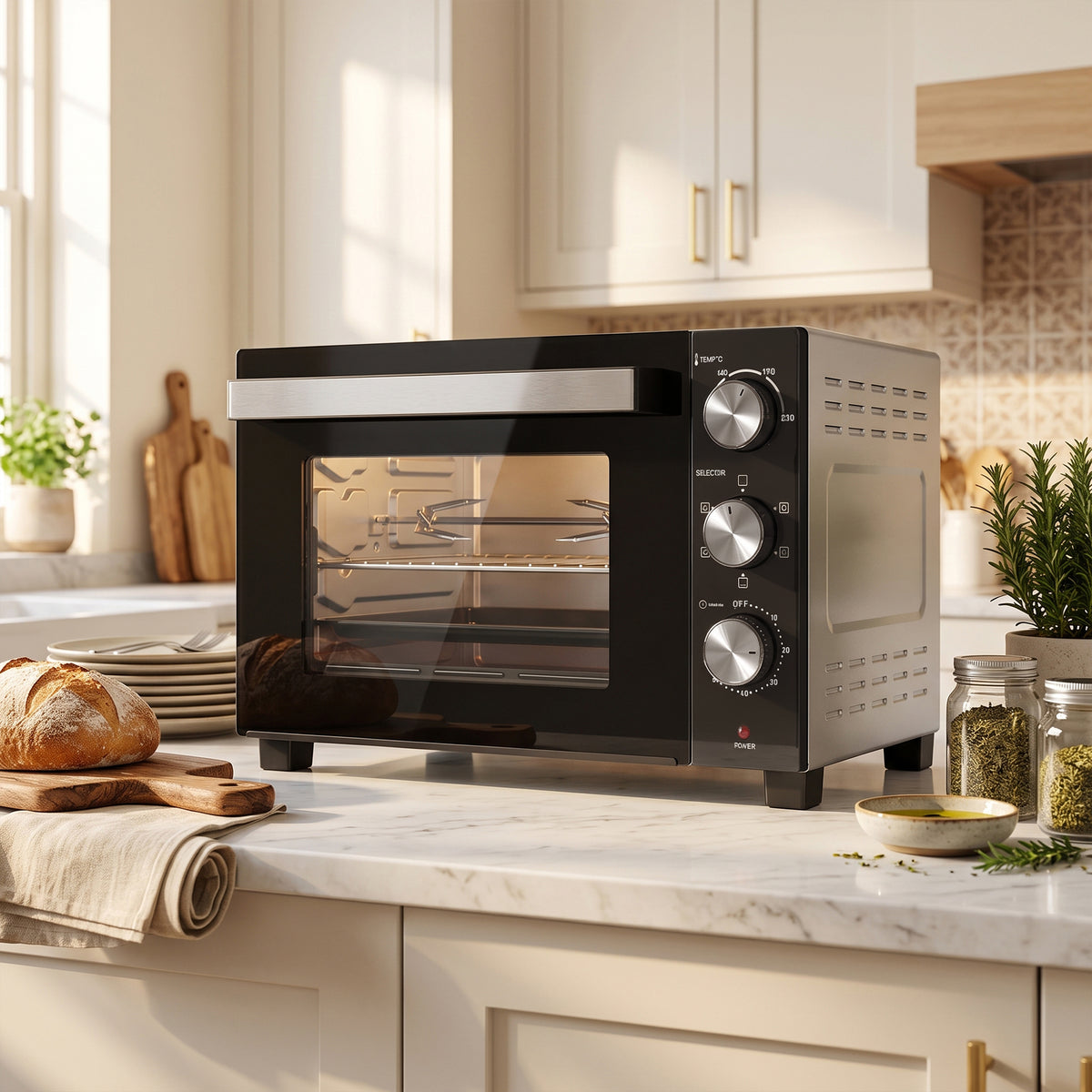 Mini-Four avec Broche Rotative 36L 1500 W, Four à Convection Multifonction, Chaleur Tournante, Minuterie 60 min, Argenté