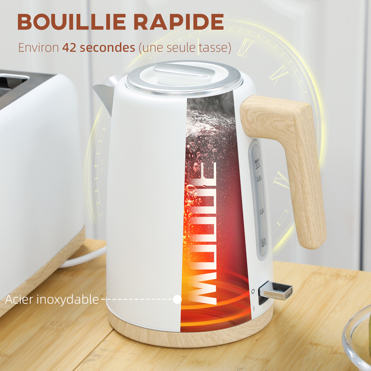 Ensemble bouilloire et grille-pain, 1,7L, 2200W, grille-pain 2 tranches avec 7 niveaux de brunissage, blanc