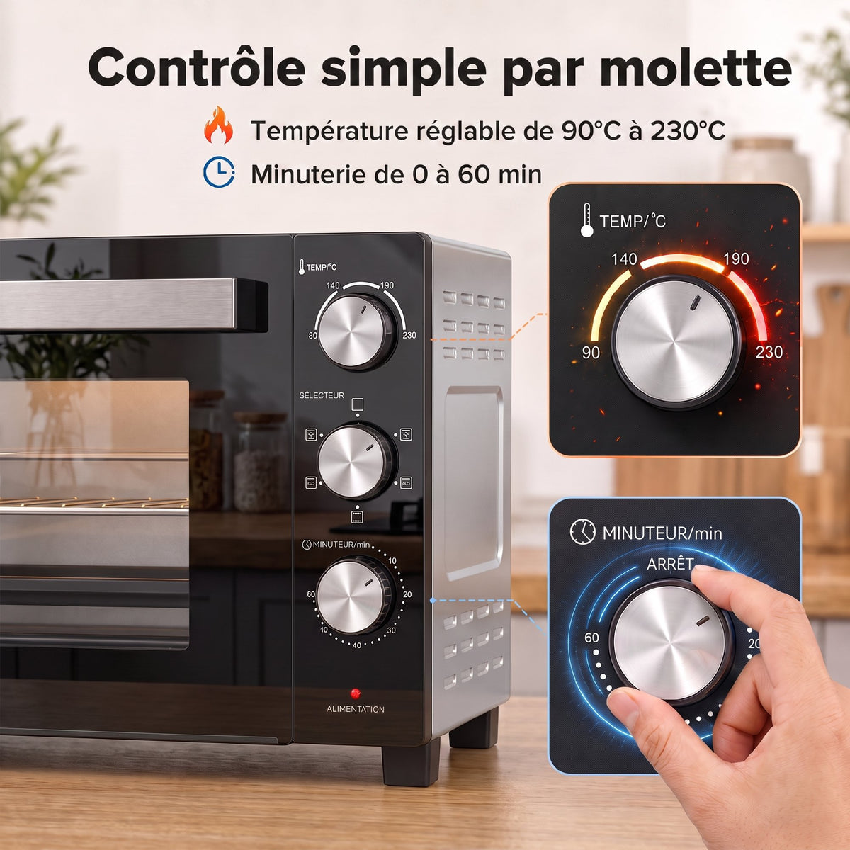 Mini-Four avec Broche Rotative 36L 1500 W, Four à Convection Multifonction, Chaleur Tournante, Minuterie 60 min, Argenté