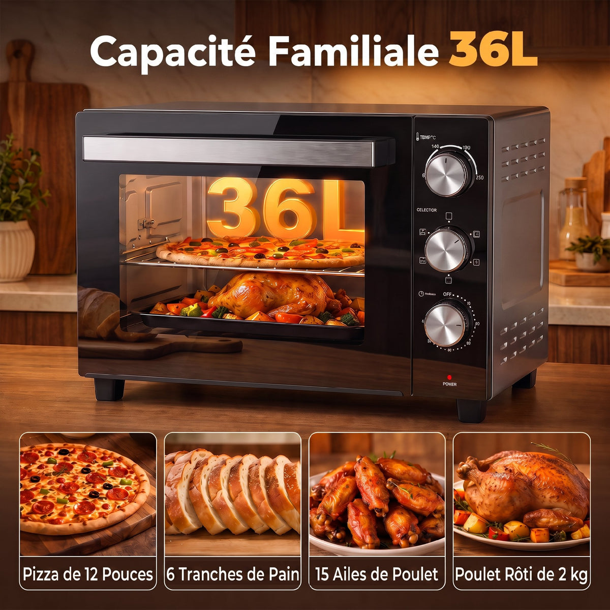 Mini-Four avec Broche Rotative 36L 1500 W, Four à Convection Multifonction, Chaleur Tournante, Minuterie 60 min, Argenté