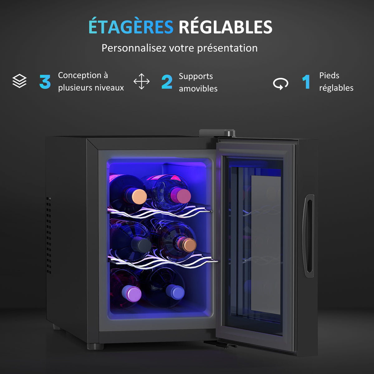 Cave à vin 6 bouteilles 17L haute performance température réglable 8-18° avec lumière LED panneau contrôle tactile noir