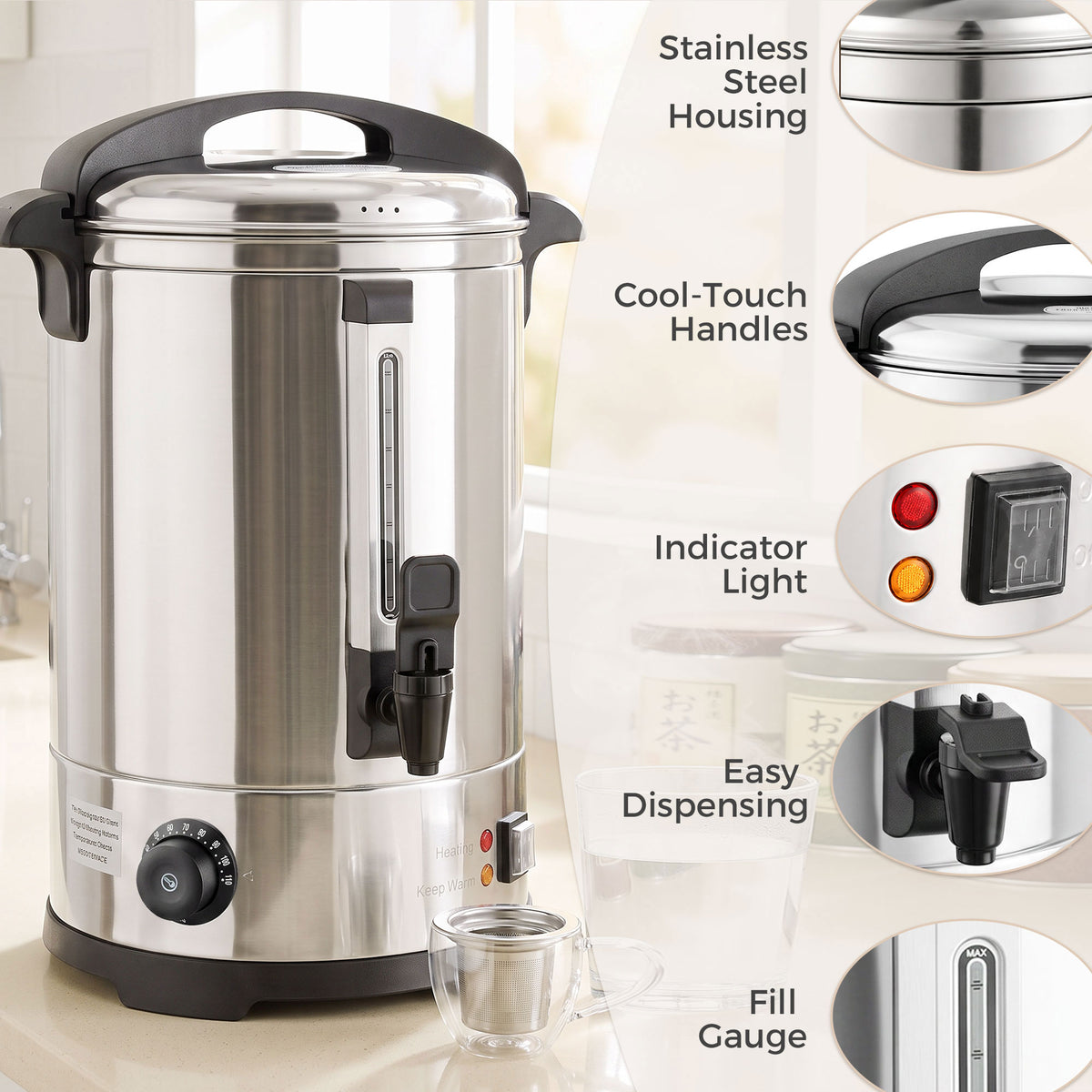 Distributeur d'Eau Chaude en Inox 8L 1500 W, 9 Niveaux de Température 30-110 °C, Maintien au Chaud, Robinet, Argenté
