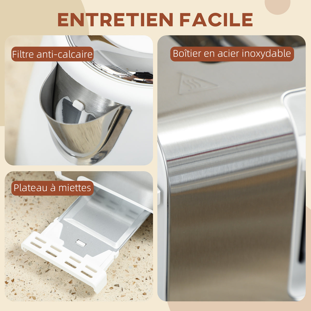 Ensemble bouilloire et grille-pain, bouilloire en acier inoxydable 1,7 L et 2200 W et grille-pain à 4 tranches, blanc