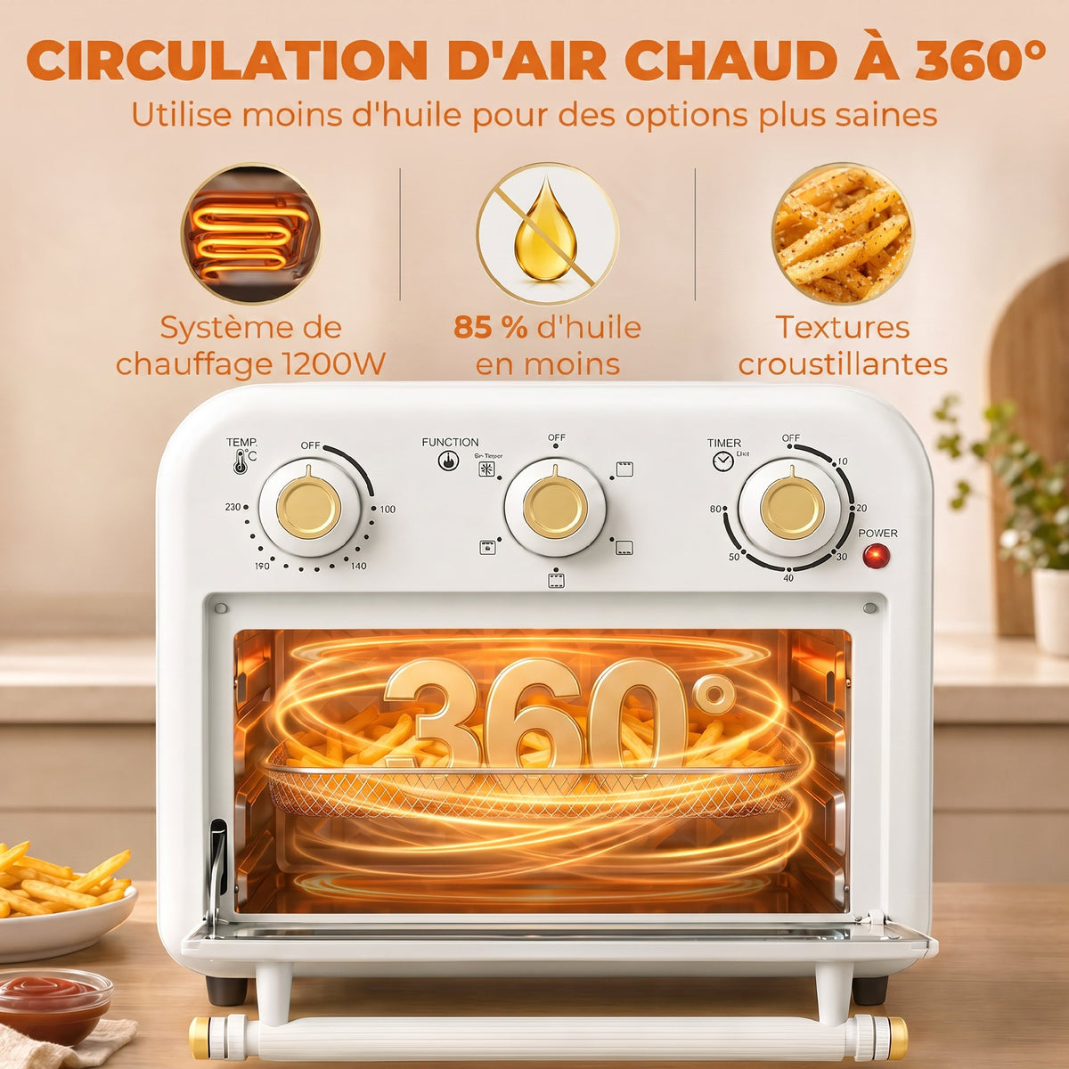 Four Friteuse à Air Chaud 12L, Four à Air Chaud Convection 1200 W avec Plaque de Cuisson, Panier de Friture, Crème