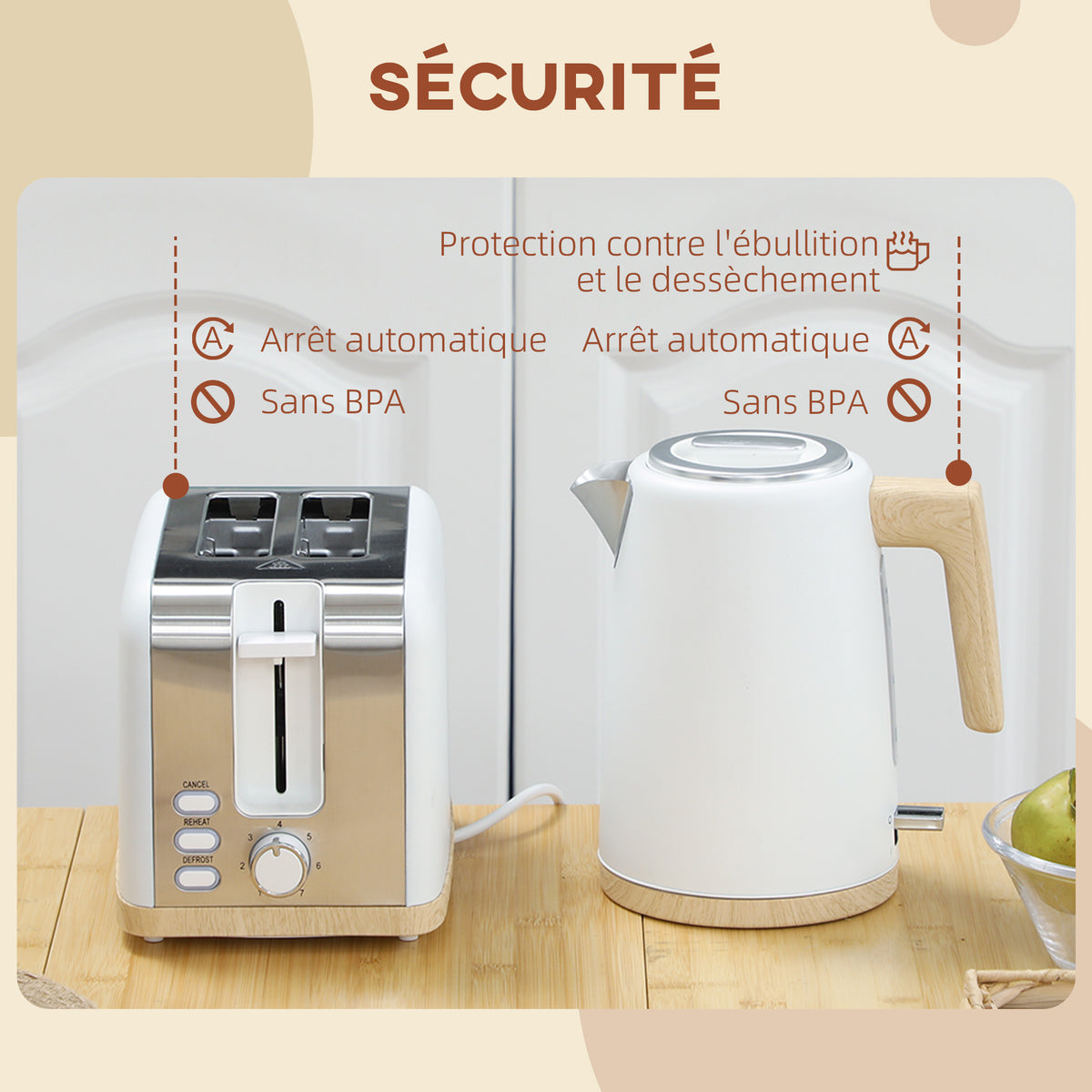 Ensemble bouilloire et grille-pain, 1,7L, 2200W, grille-pain 2 tranches avec 7 niveaux de brunissage, blanc
