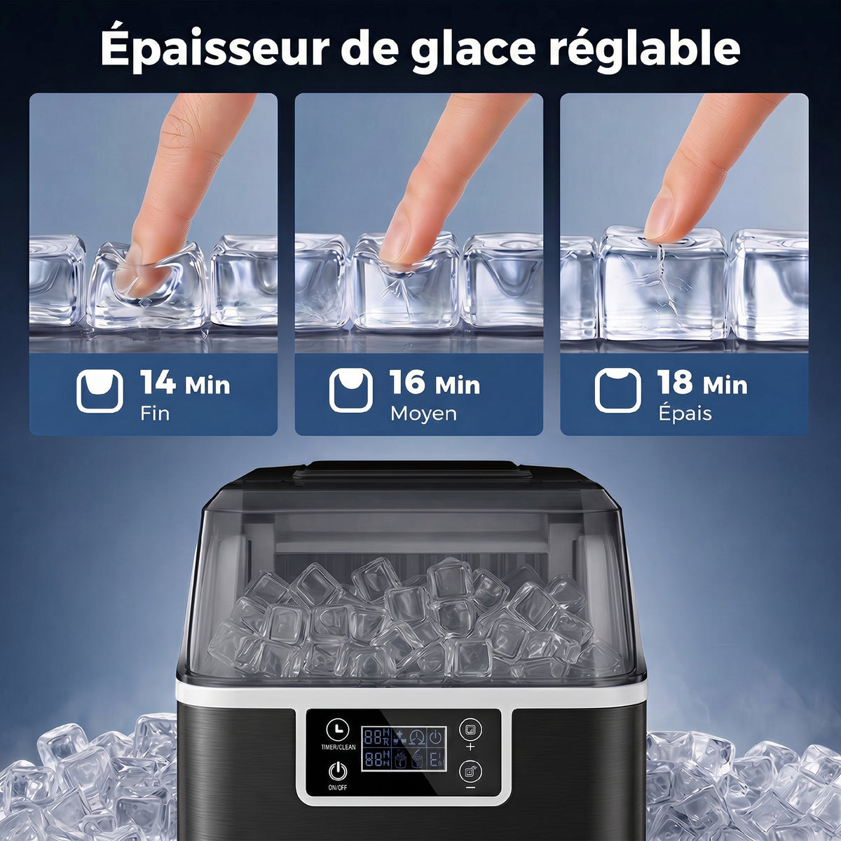 Machine à glaçons, 20 kg en 24h, 24 glaçons en 14-18 min, ice maker avec fonction autonettoyante, 25,2x36x37,1cm, noir