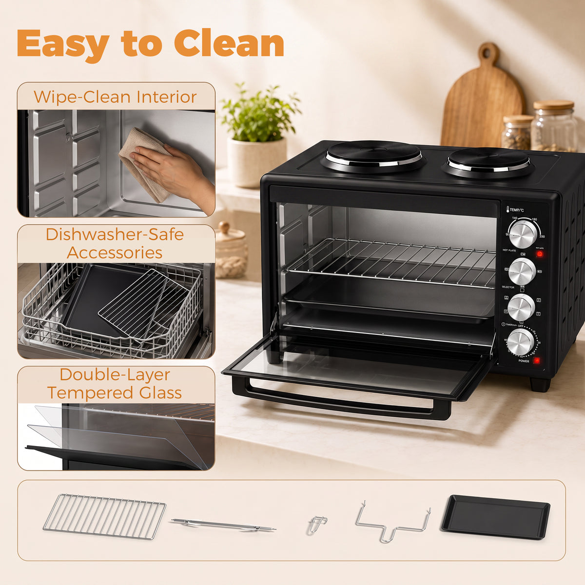 Mini-Four avec 2 Plaques de Cuisson et Broche Rotative 46L 2850 W, Four à Convection Multifonction, Minuterie, Noir