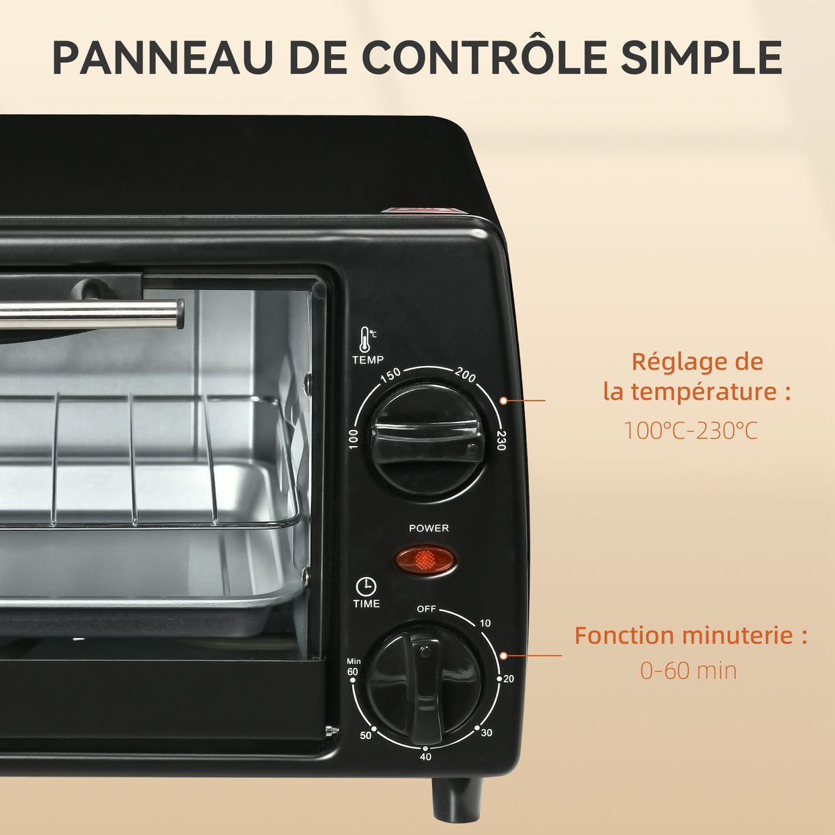 Mini four électrique 10L 1 grille et 1 plateau, température réglable de 100°C à 230°C, Minuteur 60 min, 36,5x26x22 cm
