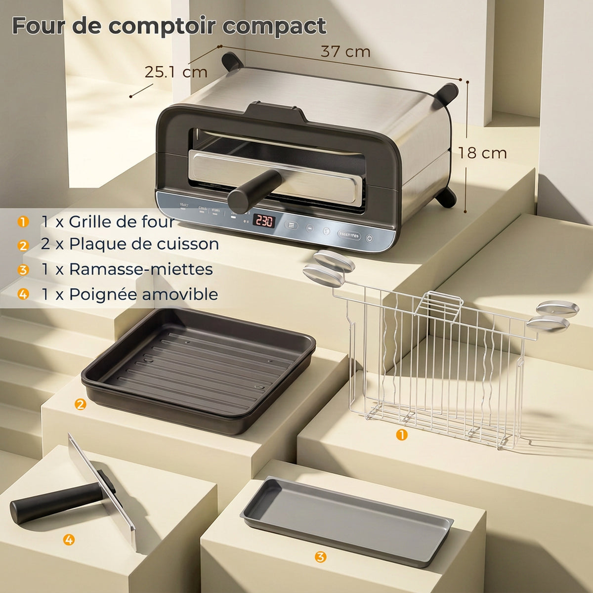 Mini-Four Électrique 3-en-1 1700 W, Grille-Pain à Fente Longue, Gril de Table 4,9L, Écran LED, Minuterie 60 min, Argenté