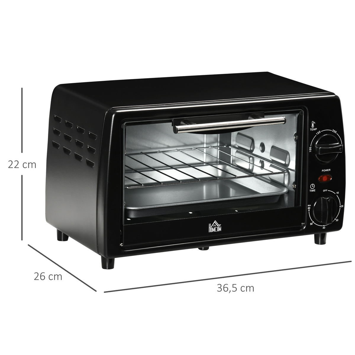 Mini four électrique 10L 1 grille et 1 plateau, température réglable de 100°C à 230°C, Minuteur 60 min, 36,5x26x22 cm