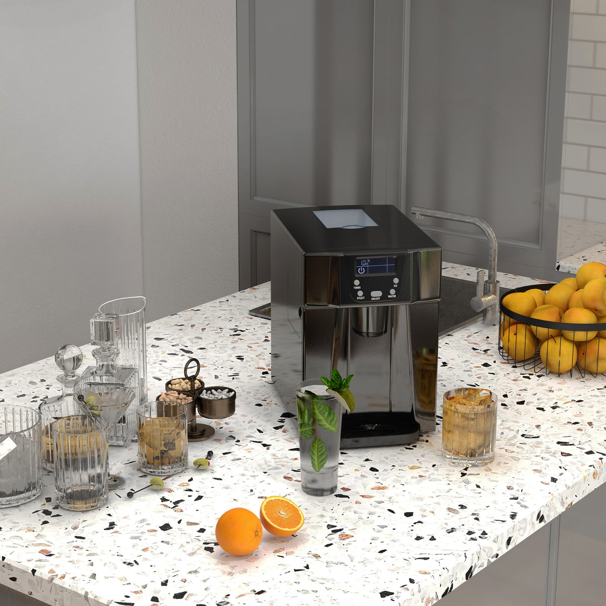 Machine à glaçons avec distributeur d'eau, ice maker, 12kg en 24h, 9 glaçons en 6-10 minutes, 25,2x38,9x36,3cm, noir
