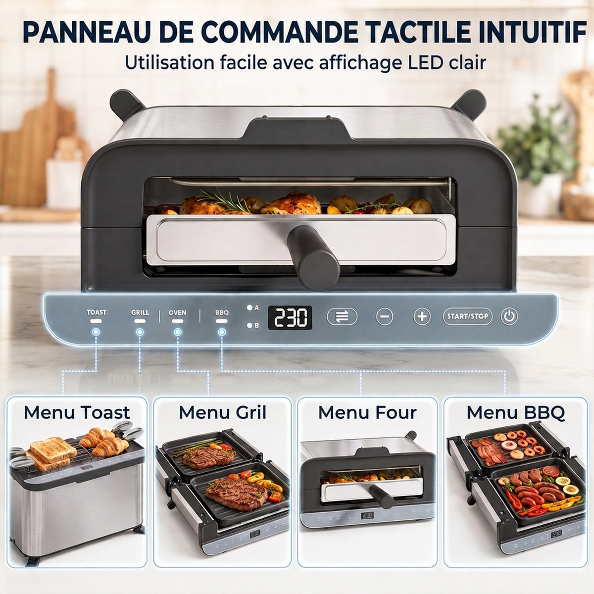 Mini-Four Électrique 3-en-1 1700 W, Grille-Pain à Fente Longue, Gril de Table 4,9L, Écran LED, Minuterie 60 min, Argenté