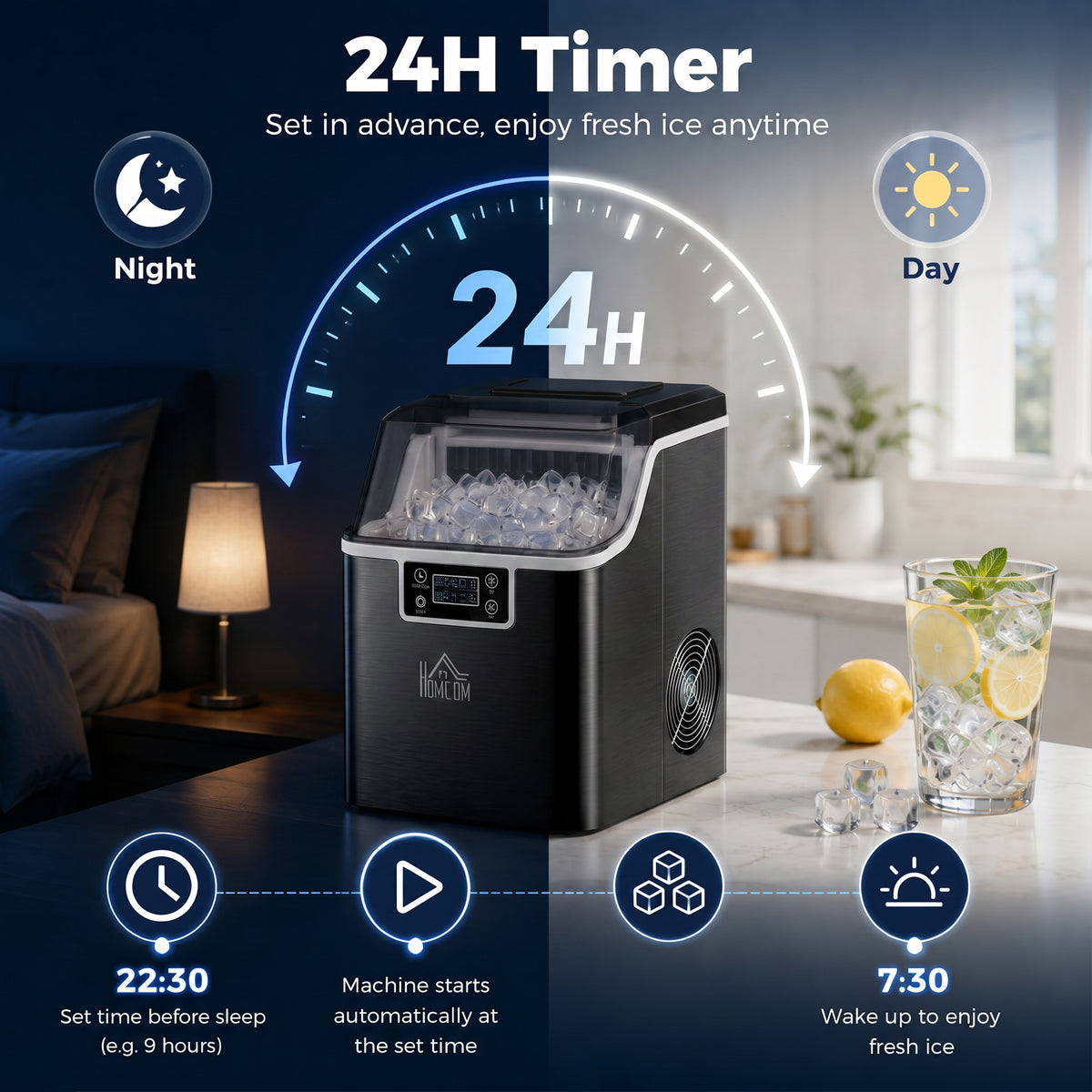 Machine à glaçons, 20 kg en 24h, 24 glaçons en 14-18 min, ice maker avec fonction autonettoyante, 25,2x36x37,1cm, noir