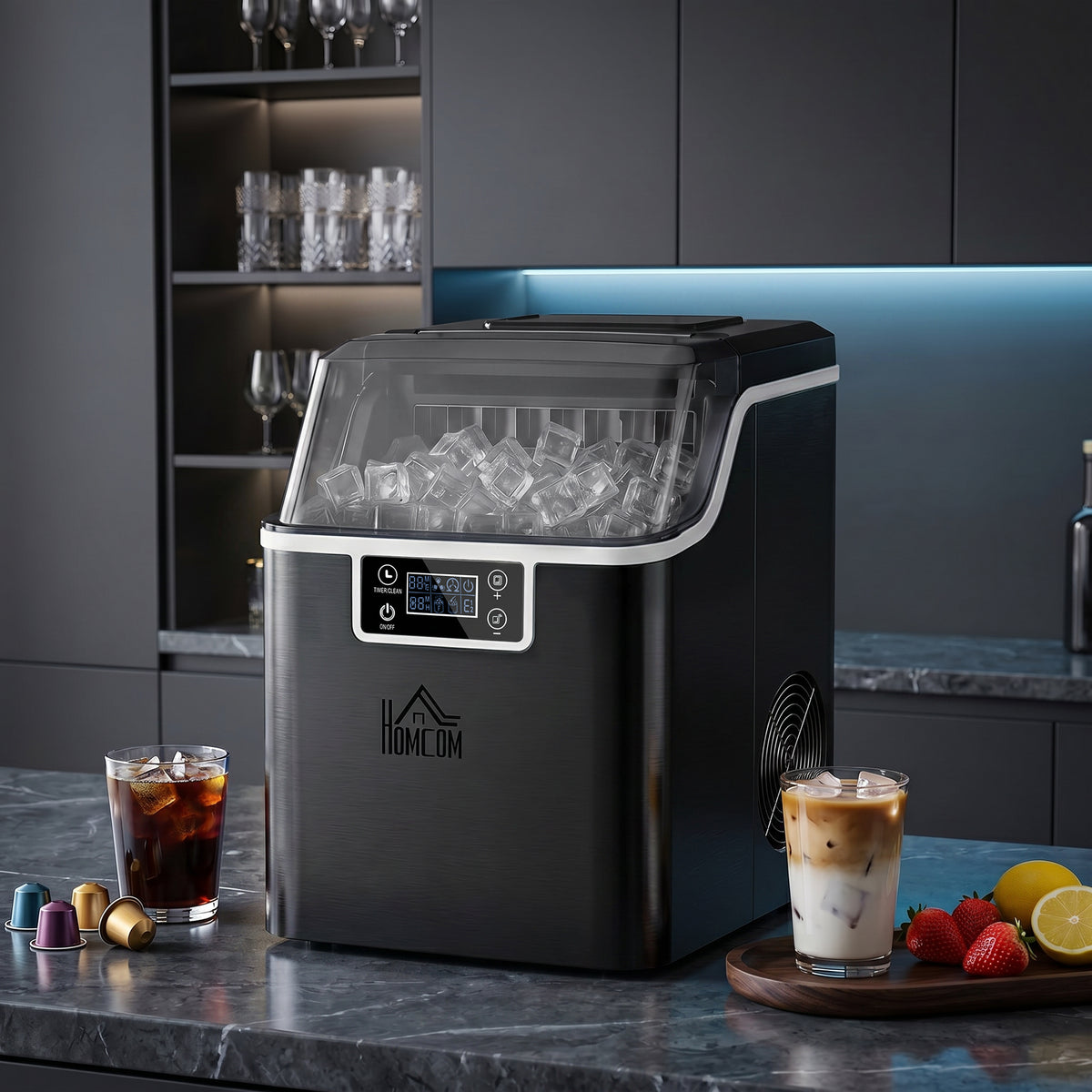 Machine à glaçons, 20 kg en 24h, 24 glaçons en 14-18 min, ice maker avec fonction autonettoyante, 25,2x36x37,1cm, noir