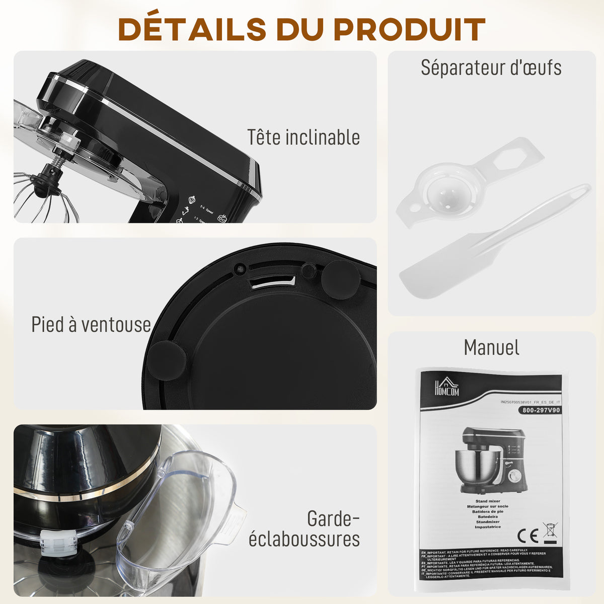 Robot Pâtissier 1400 W, Robot Pétrin Professionnel 7 L avec 6+P Vitesses, Crochet Pétrisseur, Noir