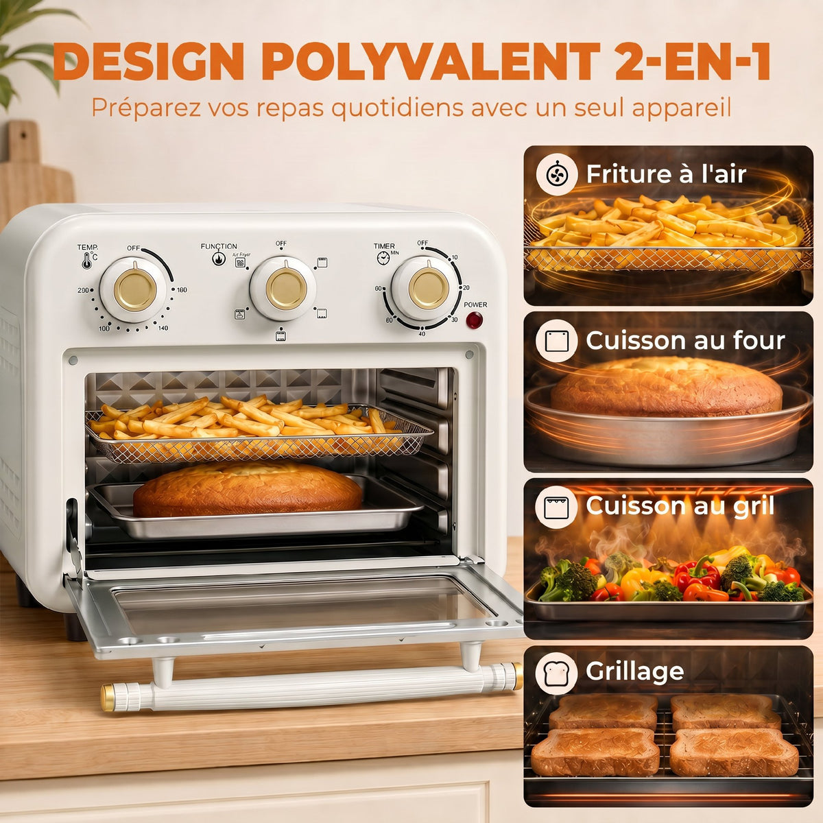 Four Friteuse à Air Chaud 12L, Four à Air Chaud Convection 1200 W avec Plaque de Cuisson, Panier de Friture, Crème