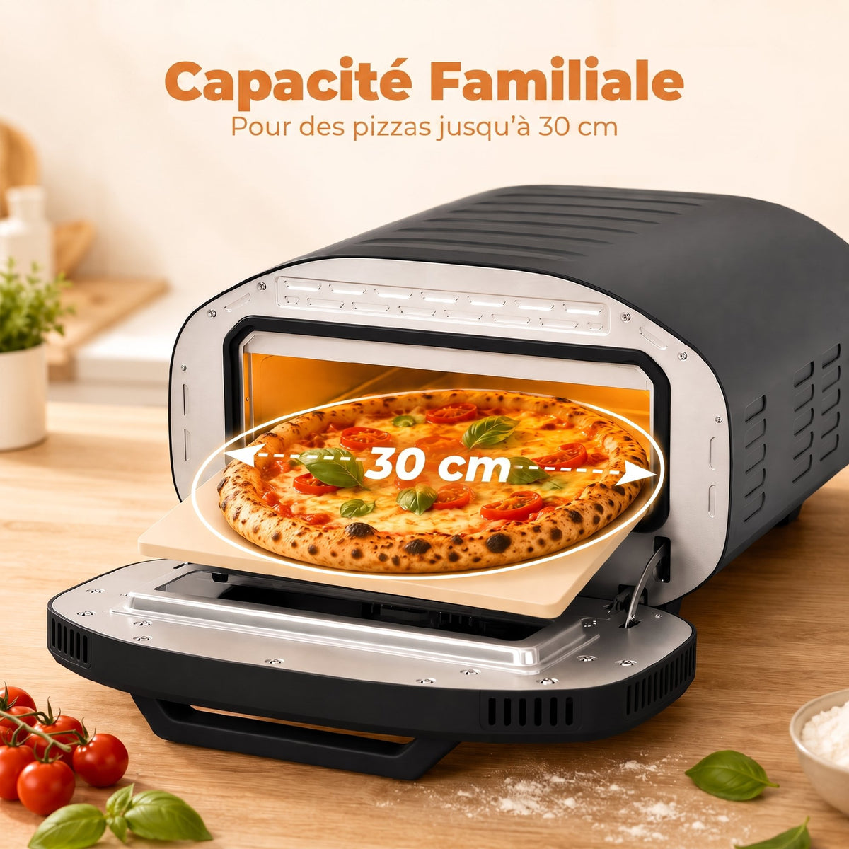 Four à Pizza Électrique d'Intérieur 2200 W jusqu'à 430°C, Pierre en Céramique Ø30,5 cm, Minuteur 60 min, Noir