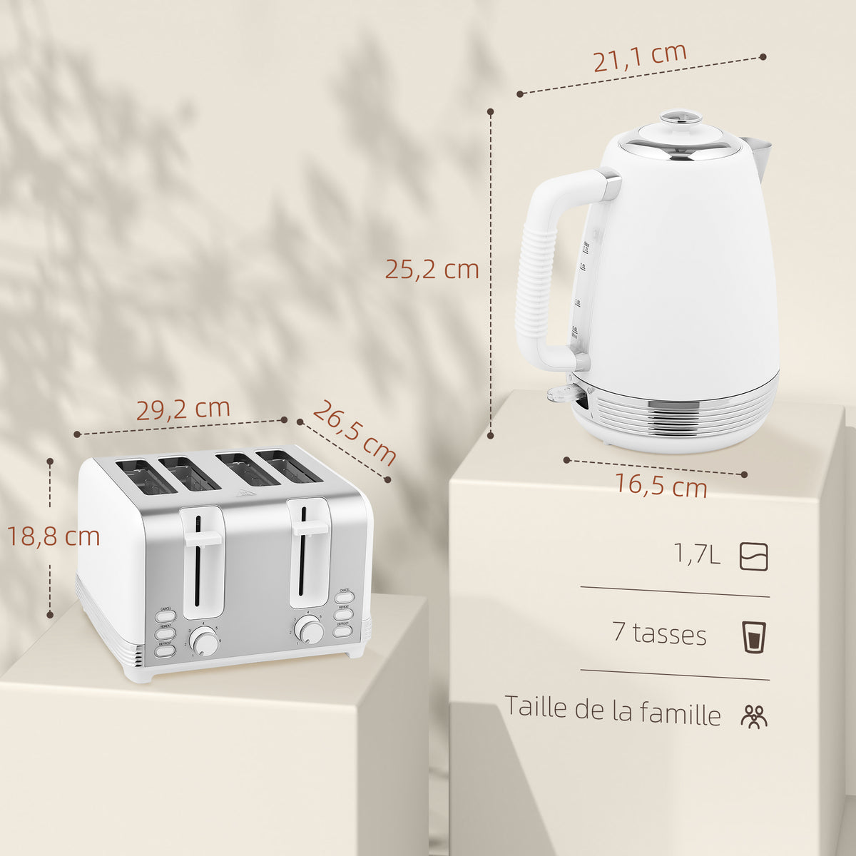 Ensemble bouilloire et grille-pain, bouilloire en acier inoxydable 1,7 L et 2200 W et grille-pain à 4 tranches, blanc