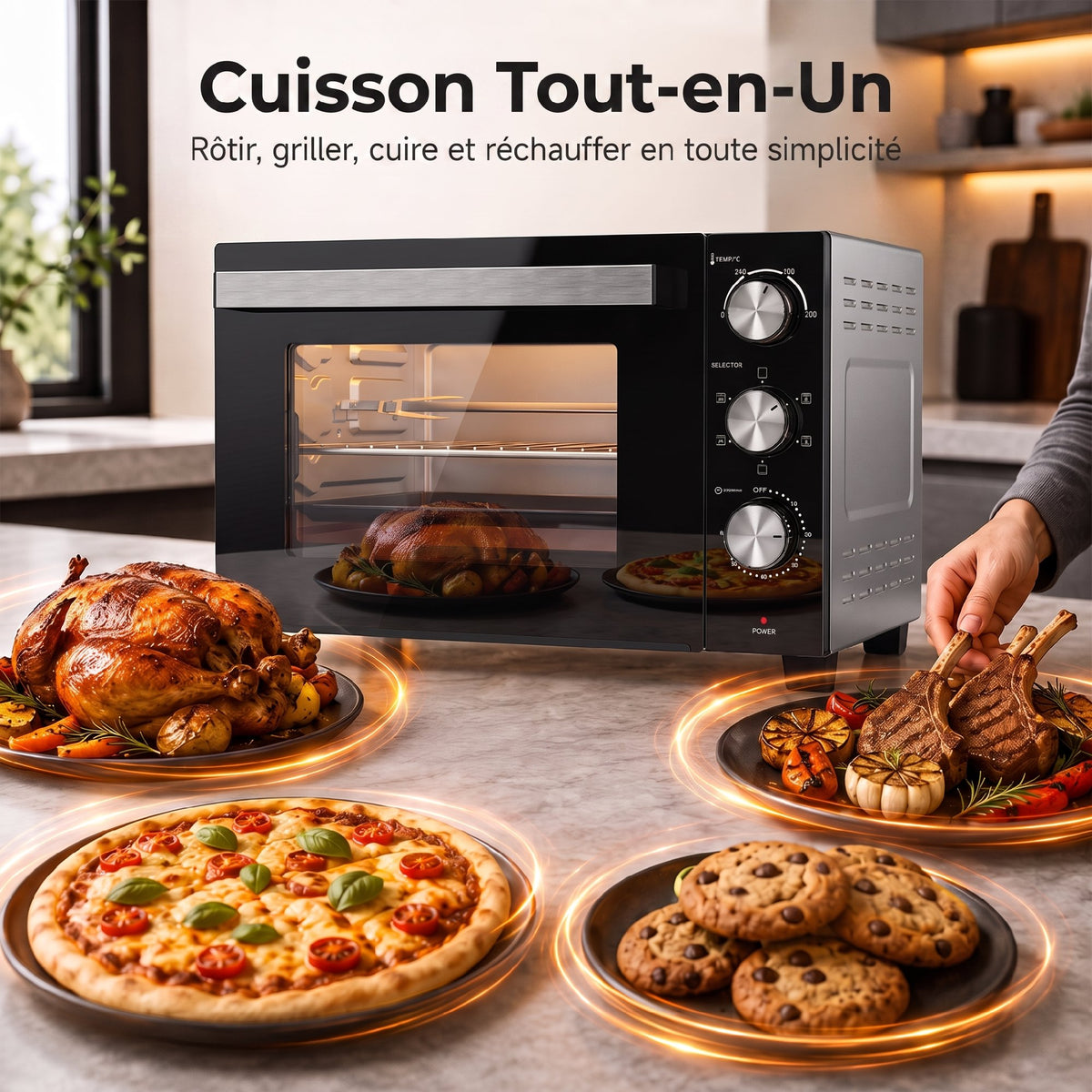 Mini-Four avec Broche Rotative 36L 1500 W, Four à Convection Multifonction, Chaleur Tournante, Minuterie 60 min, Argenté