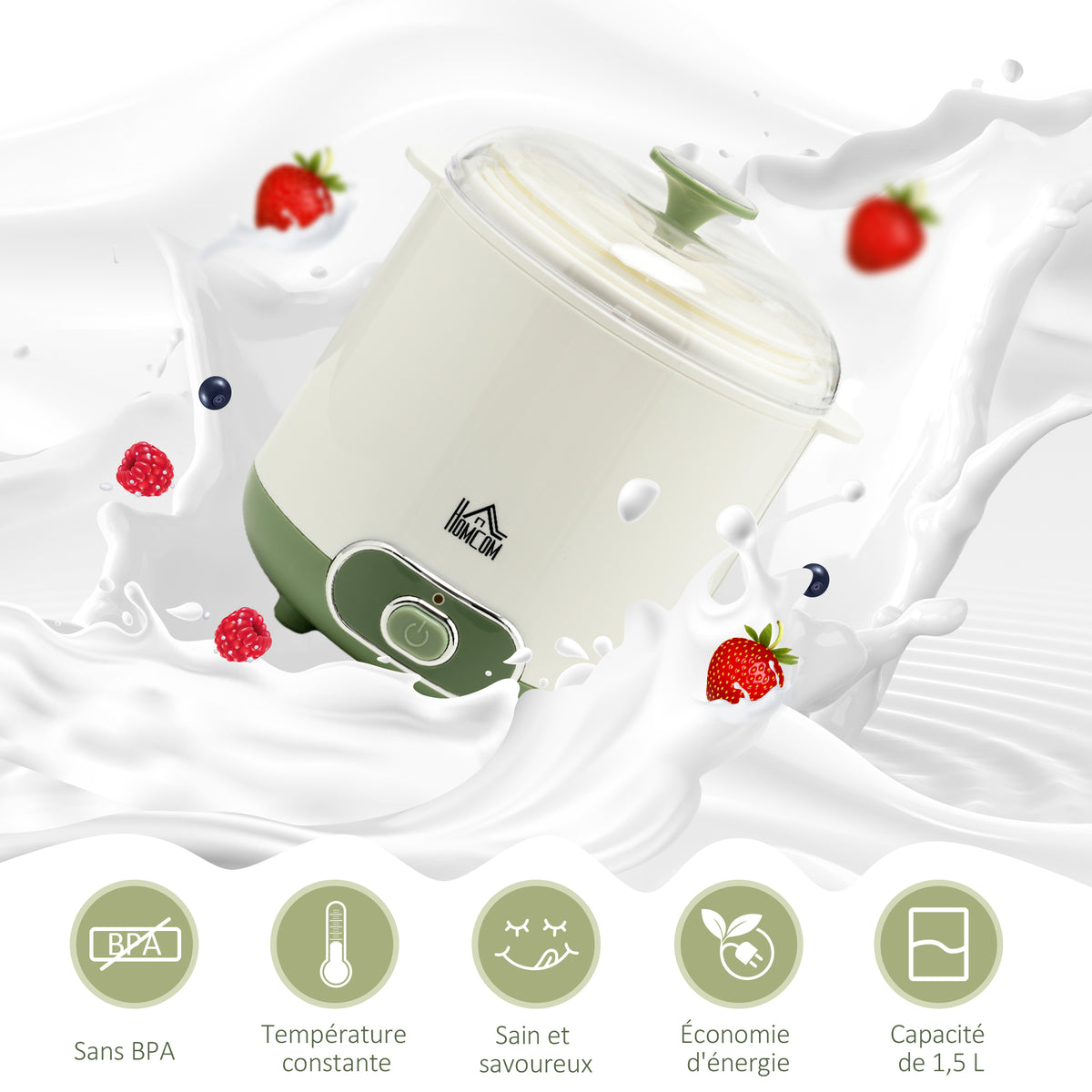 Yaourtière électrique avec 2 récipients de 1,5L filtre pour yaourt grec et 2 couvercles, puissance 20W blanc
