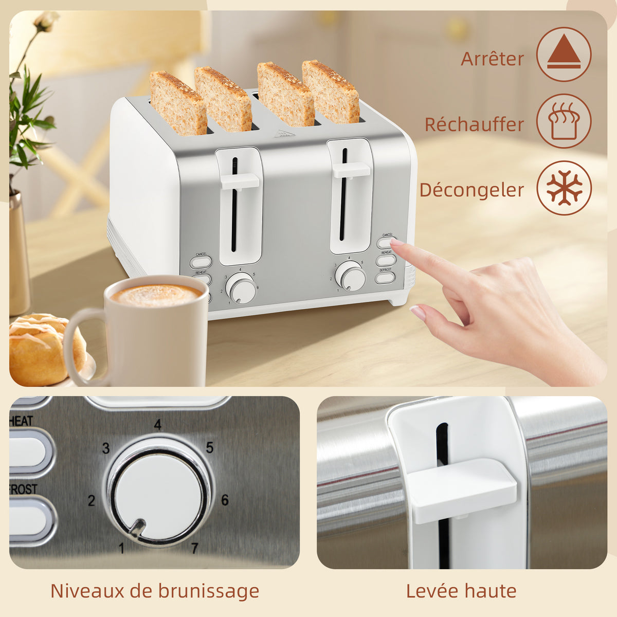 Ensemble bouilloire et grille-pain, bouilloire en acier inoxydable 1,7 L et 2200 W et grille-pain à 4 tranches, blanc