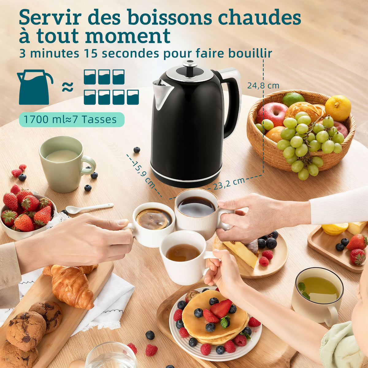 Ensemble bouilloire et grille-pain, bouilloire en acier inoxydable 1,7 L et 2200 W et grille-pain à 2 tranches, noir-2