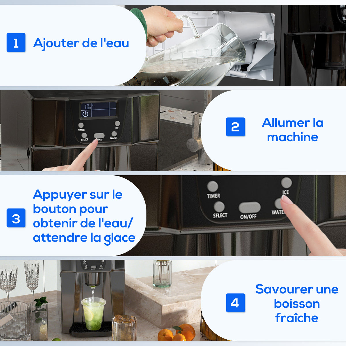 Machine à glaçons avec distributeur d'eau, ice maker, 12kg en 24h, 9 glaçons en 6-10 minutes, 25,2x38,9x36,3cm, noir