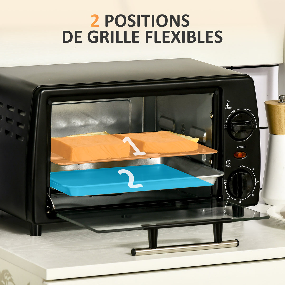 Mini four électrique 10L 1 grille et 1 plateau, température réglable de 100°C à 230°C, Minuteur 60 min, 36,5x26x22 cm