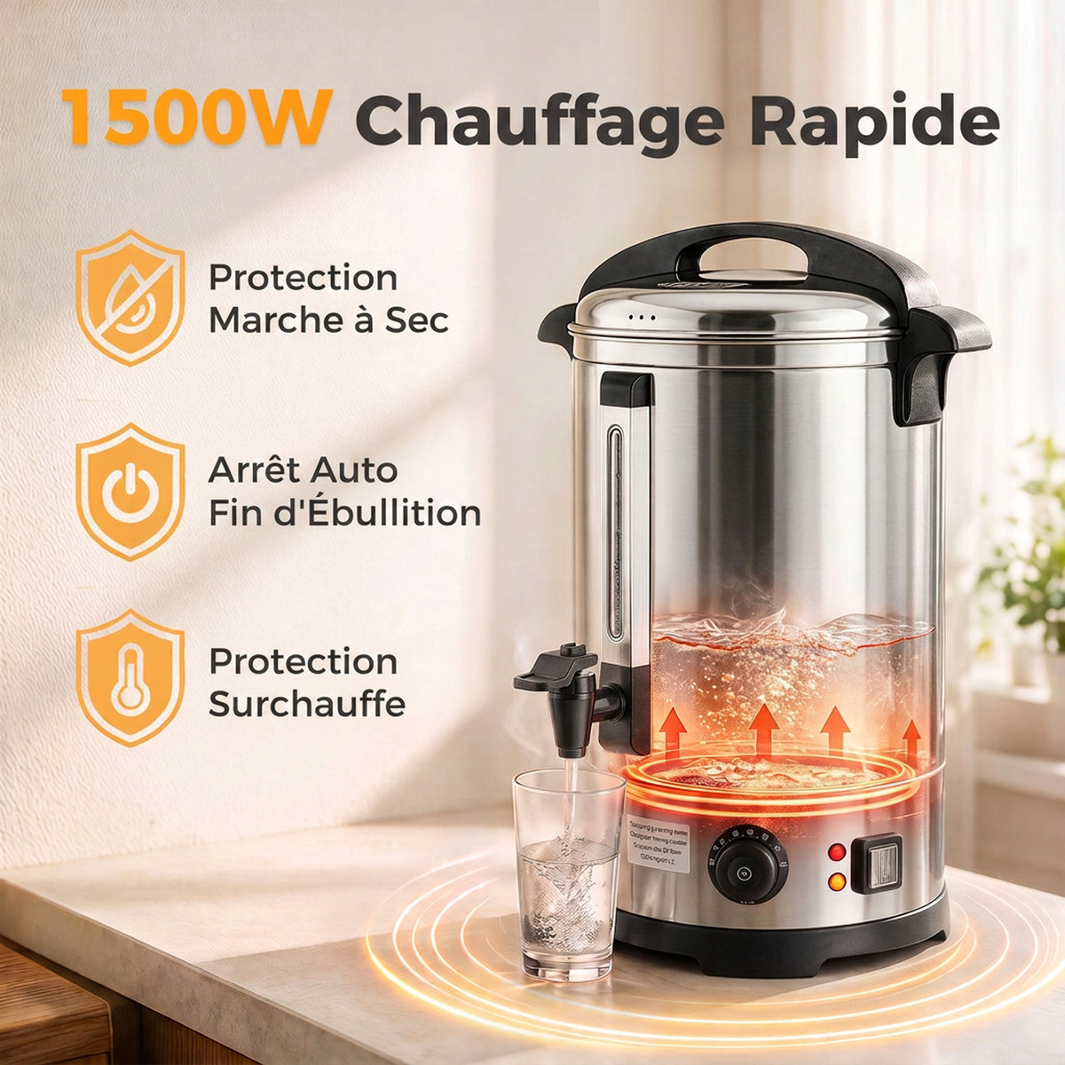 Distributeur d'Eau Chaude en Inox 8L 1500 W, 9 Niveaux de Température 30-110 °C, Maintien au Chaud, Robinet, Argenté