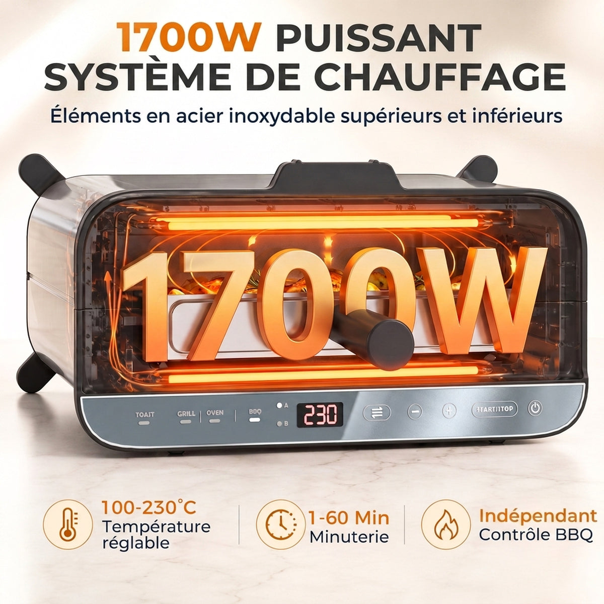 Mini-Four Électrique 3-en-1 1700 W, Grille-Pain à Fente Longue, Gril de Table 4,9L, Écran LED, Minuterie 60 min, Argenté