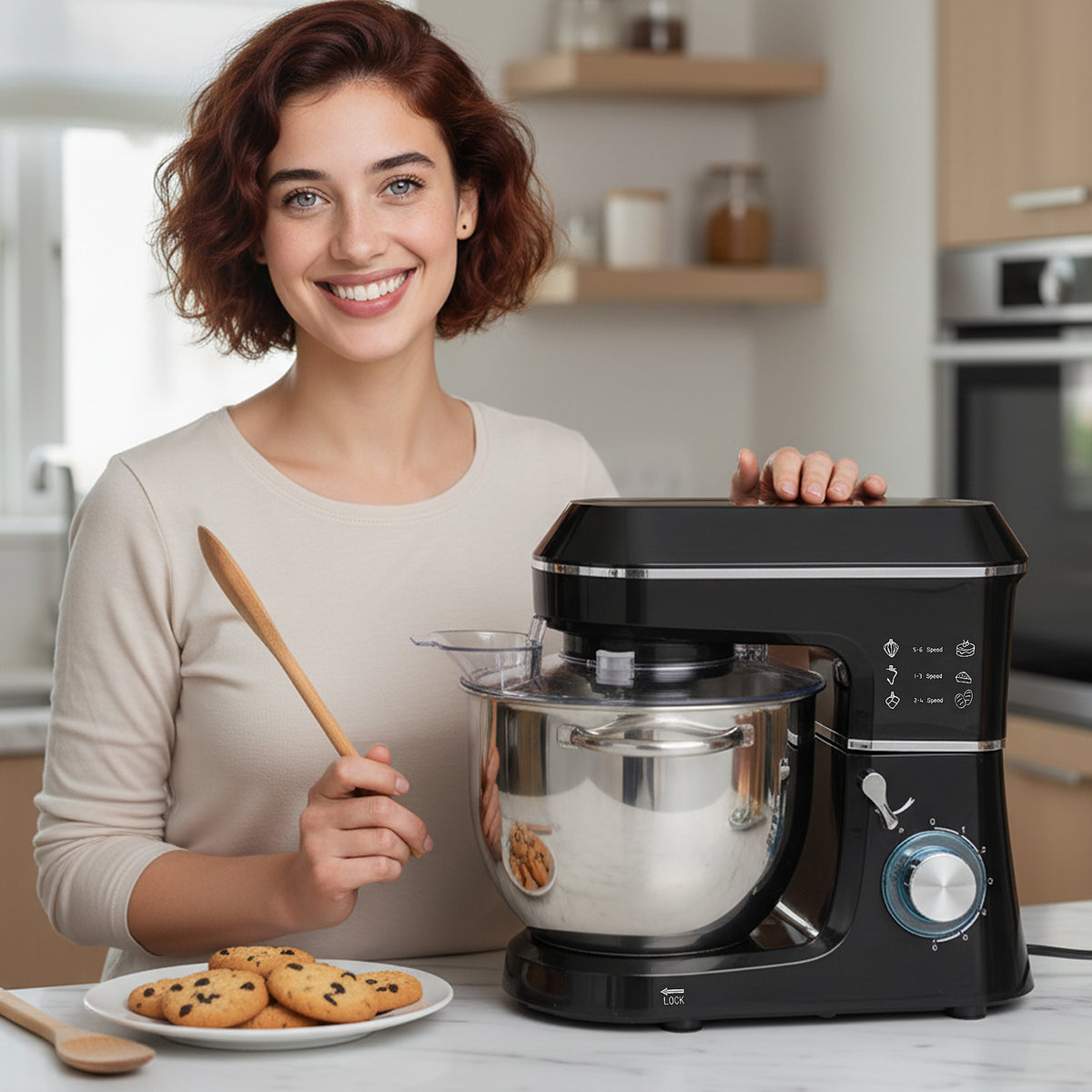 Robot Pâtissier 1400 W, Robot Pétrin Professionnel 7 L avec 6+P Vitesses, Crochet Pétrisseur, Noir
