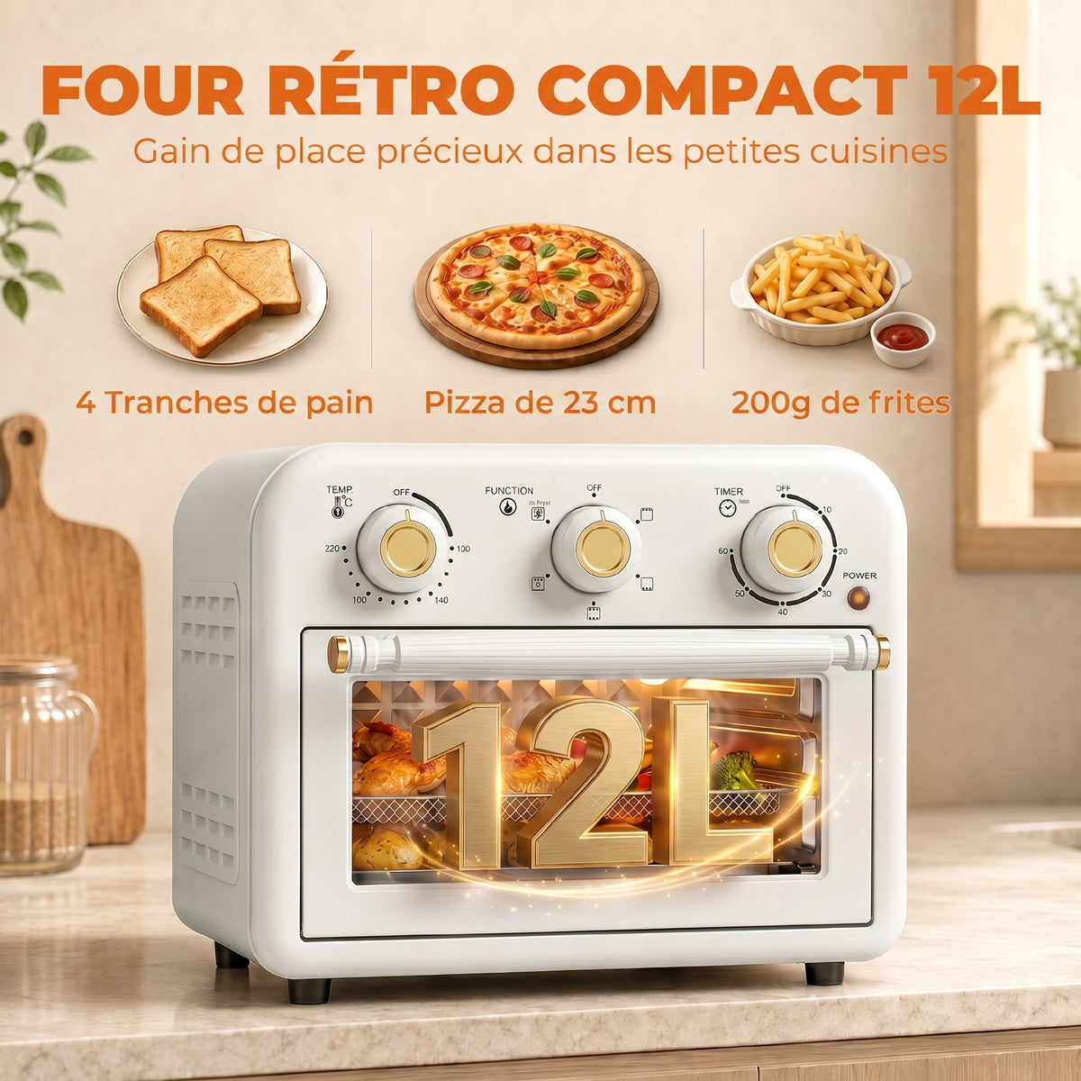 Four Friteuse à Air Chaud 12L, Four à Air Chaud Convection 1200 W avec Plaque de Cuisson, Panier de Friture, Crème
