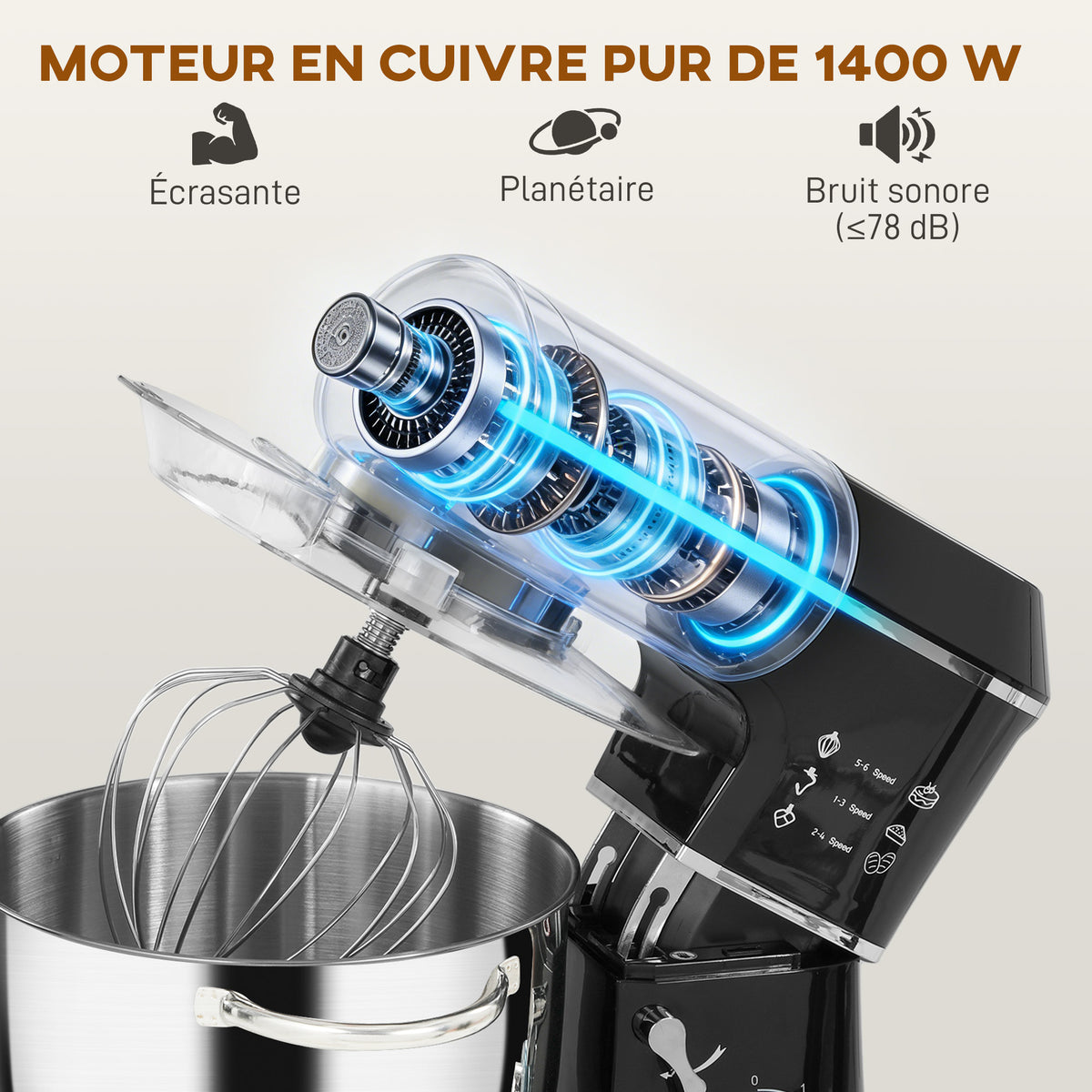 Robot Pâtissier 1400 W, Robot Pétrin Professionnel 7 L avec 6+P Vitesses, Crochet Pétrisseur, Noir