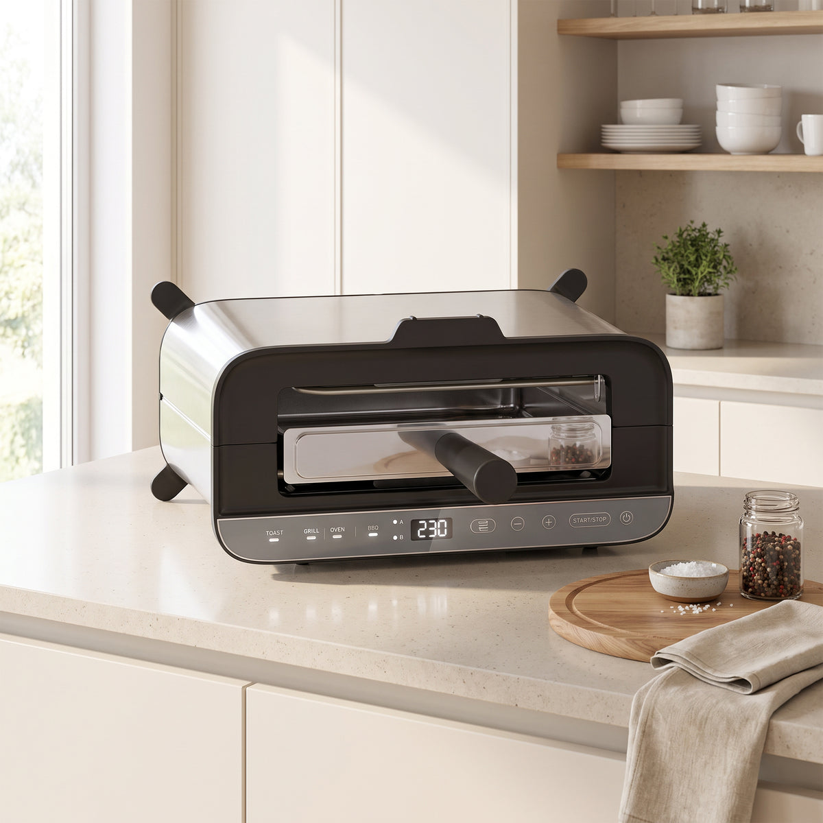 Mini-Four Électrique 3-en-1 1700 W, Grille-Pain à Fente Longue, Gril de Table 4,9L, Écran LED, Minuterie 60 min, Argenté