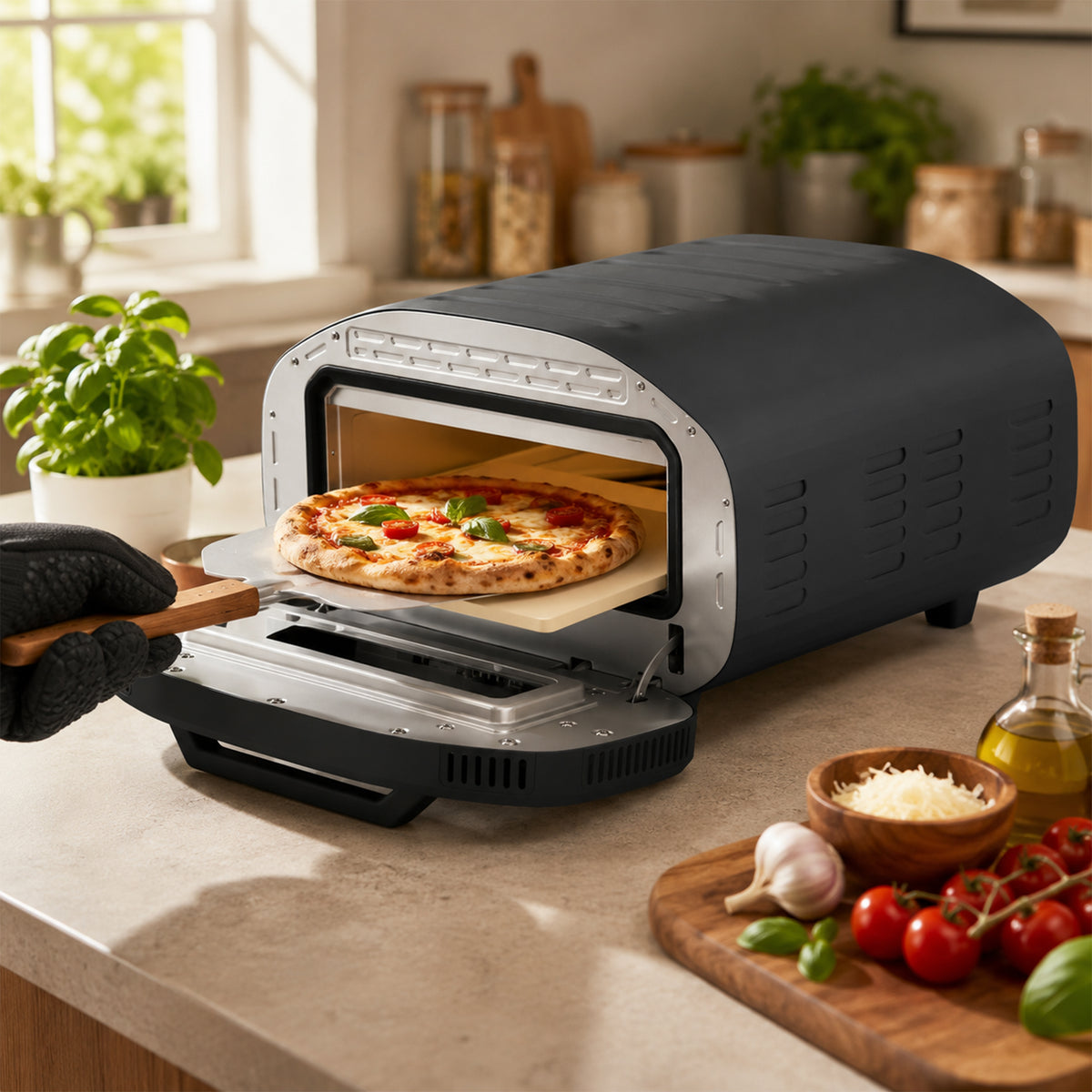 Four à Pizza Électrique d'Intérieur 2200 W jusqu'à 430°C, Pierre en Céramique Ø30,5 cm, Minuteur 60 min, Noir