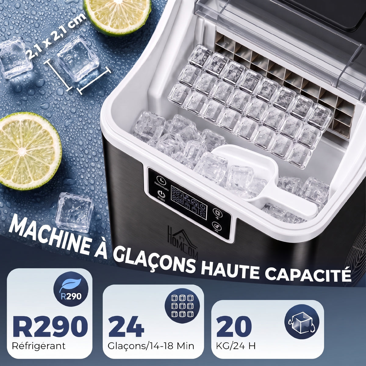 Machine à glaçons, 20 kg en 24h, 24 glaçons en 14-18 min, ice maker avec fonction autonettoyante, 25,2x36x37,1cm, noir
