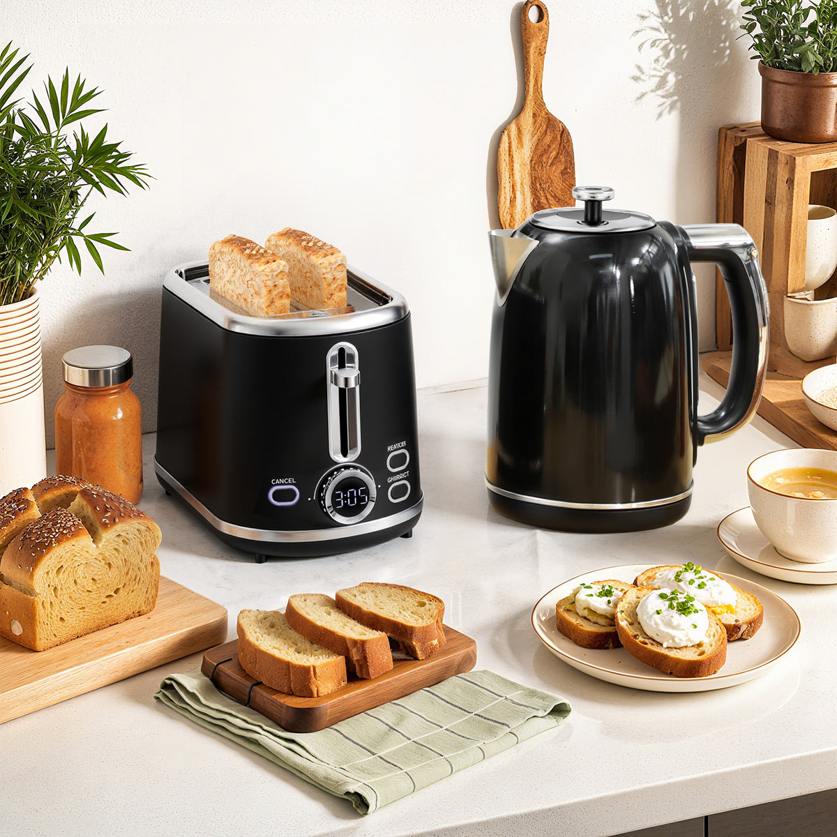 Ensemble bouilloire et grille-pain, bouilloire en acier inoxydable 1,7 L et 2200 W et grille-pain à 2 tranches, noir-1
