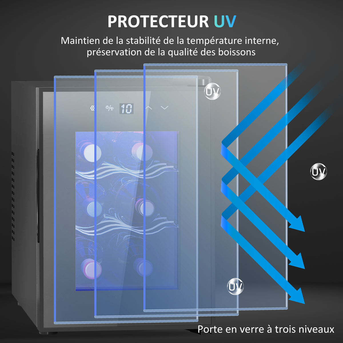 Cave à vin 6 bouteilles 17L haute performance température réglable 8-18° avec lumière LED panneau contrôle tactile noir