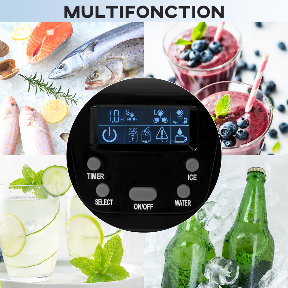 Machine à glaçons avec distributeur d'eau, ice maker, 12kg en 24h, 9 glaçons en 6-10 minutes, 25,2x38,9x36,3cm, noir