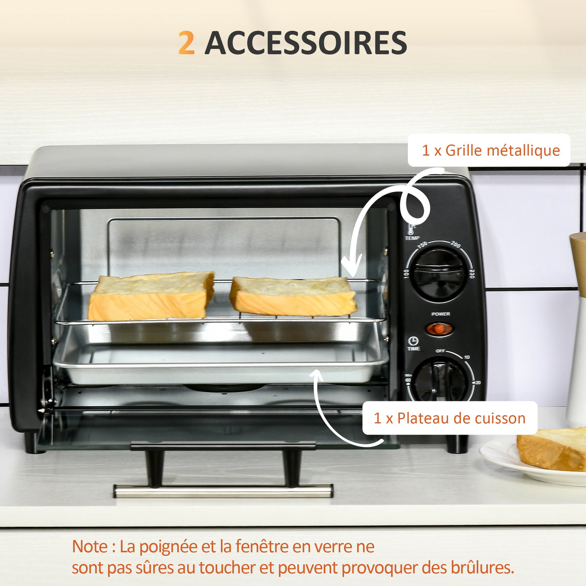 Mini four électrique 10L 1 grille et 1 plateau, température réglable de 100°C à 230°C, Minuteur 60 min, 36,5x26x22 cm