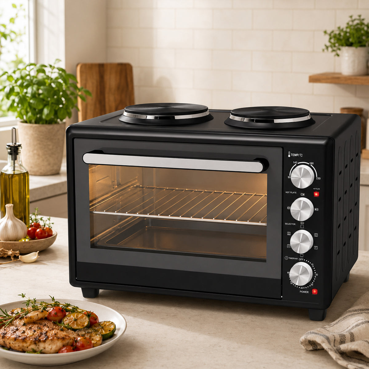 Mini-Four avec 2 Plaques de Cuisson et Broche Rotative 46L 2850 W, Four à Convection Multifonction, Minuterie, Noir