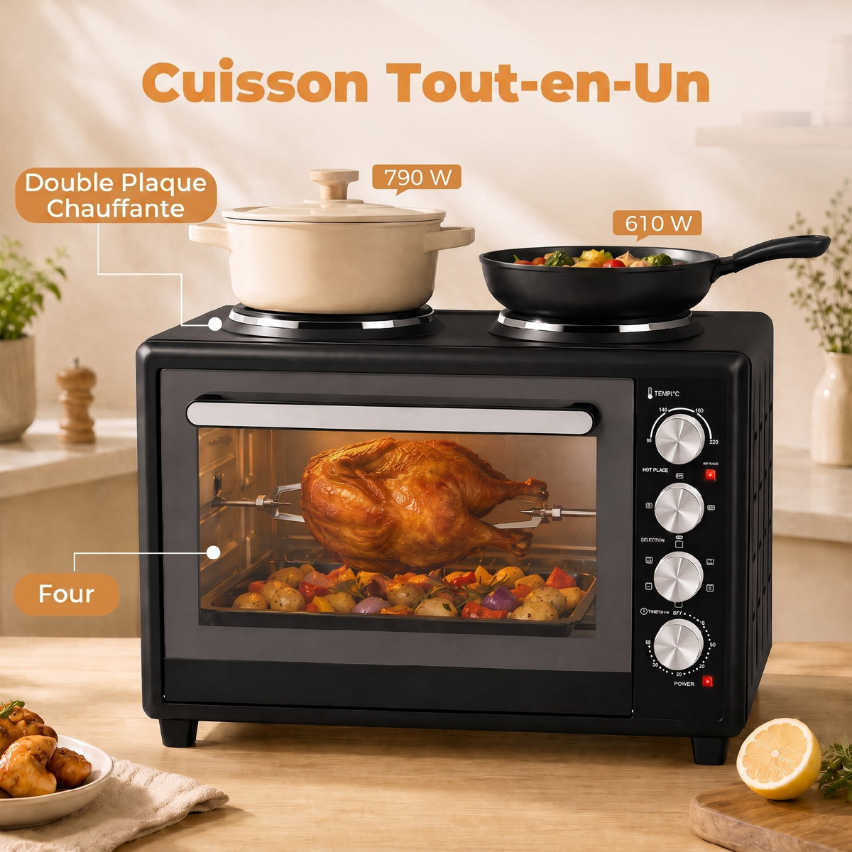 Mini-Four avec 2 Plaques de Cuisson et Broche Rotative 46L 2850 W, Four à Convection Multifonction, Minuterie, Noir
